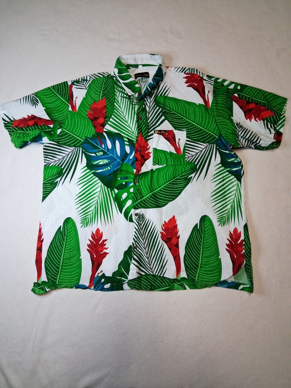 Tropical Leaf Print Button-Up Shirt - Green & Red